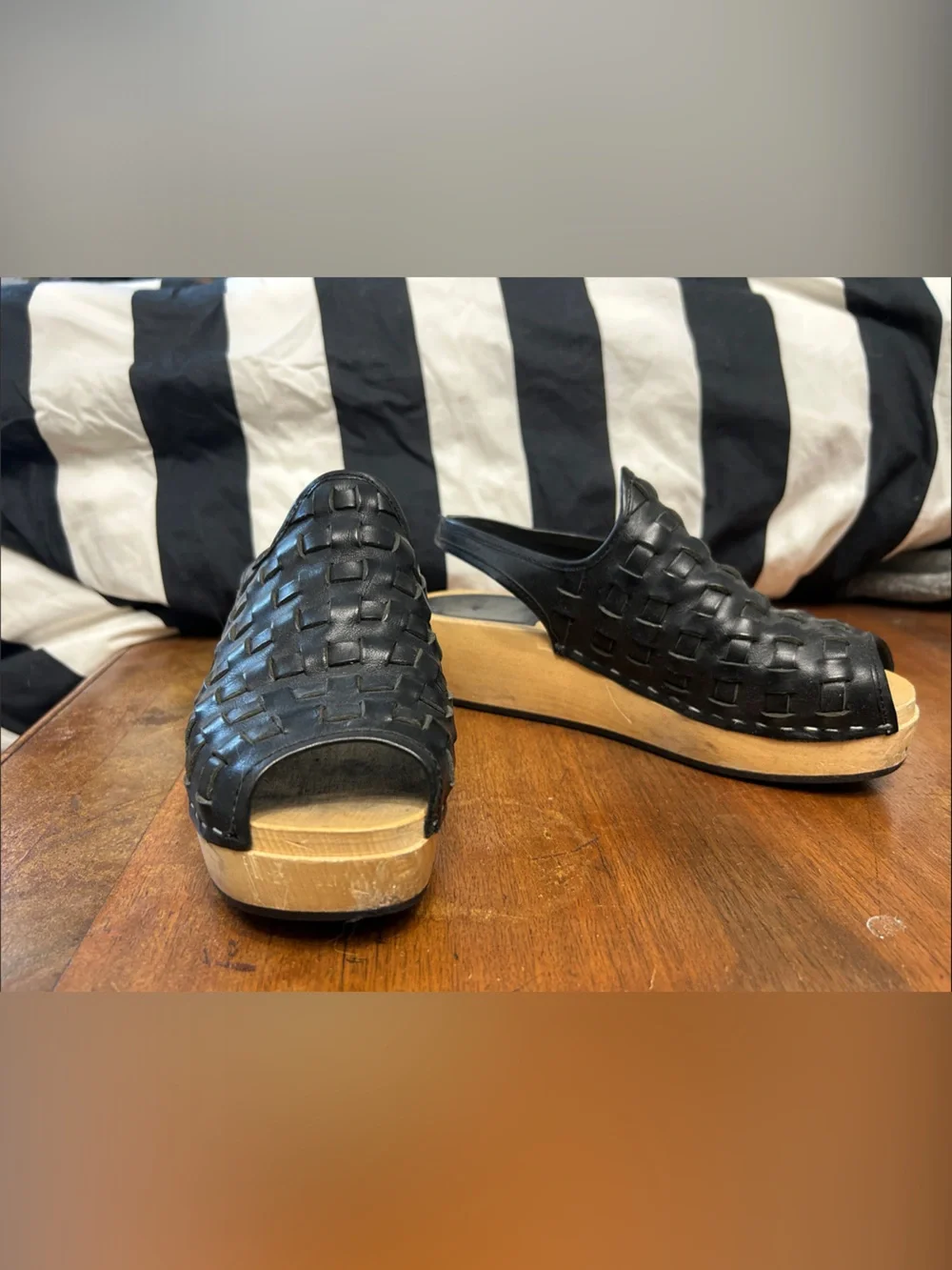 Swedish Hasbeens Black Woven Leather Wedge Clogs